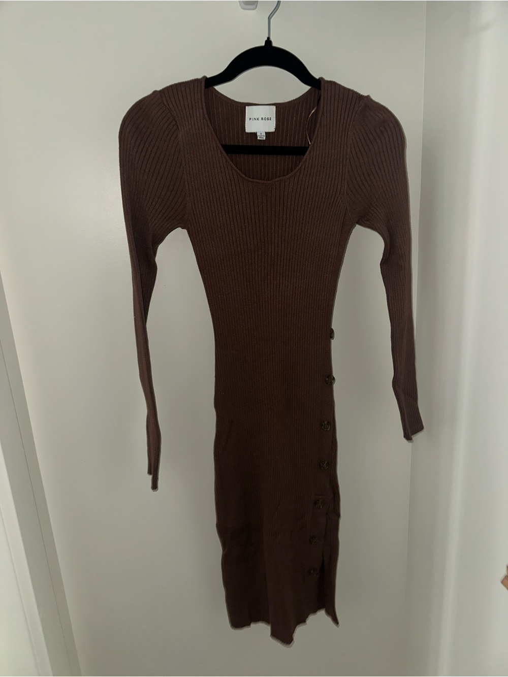 Ribbed Long Sleeve Brown Knit Dress
